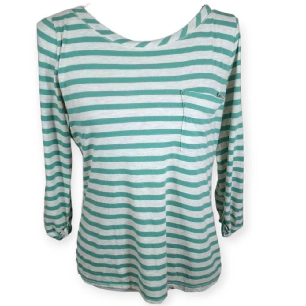 MOSSIMO TEAL & WHITE STRIPE LONG SLEEVE T-SHIRT SZ.M EUC.